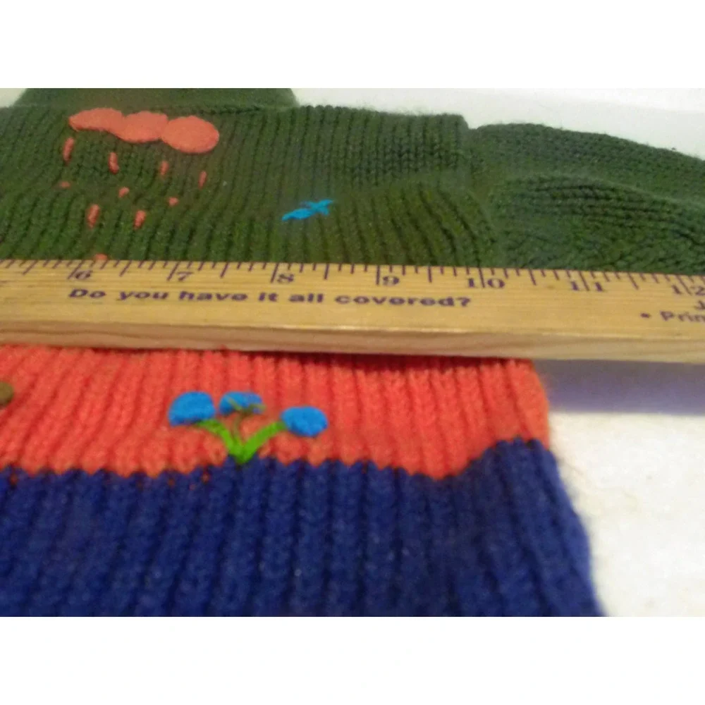 Vintage Hand Knit Animal Applique Hooded Zip Cardigan Sweater Kids GreenMulti 2T
